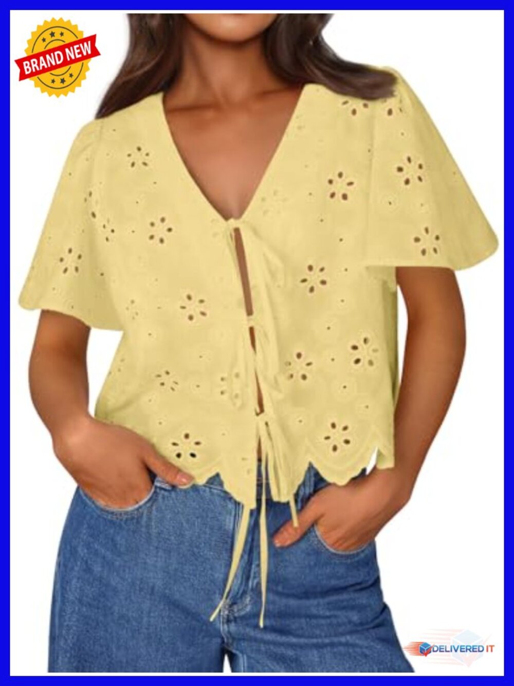 Tie Front Blouse 100% Cotton Short Sleeve Boho Crop Top - V Neck Summer